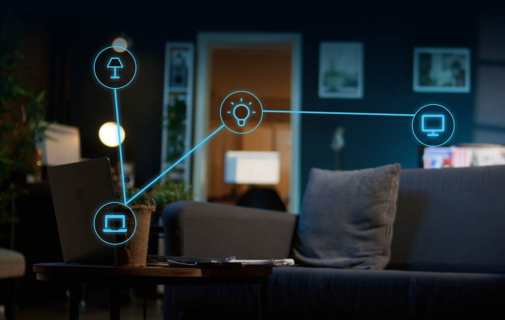 Ambiente domestico con rappresentazione dell'ecosistema Serie S di 4box per l'integrazione di dispositivi smart compatibili.