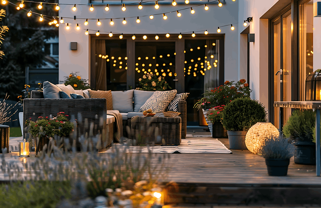 Giardino arredato e illuminato, con punti luce e prese elettriche da esterno utilizzate in un ambiente outdoor esposto agli agenti atmosferici.